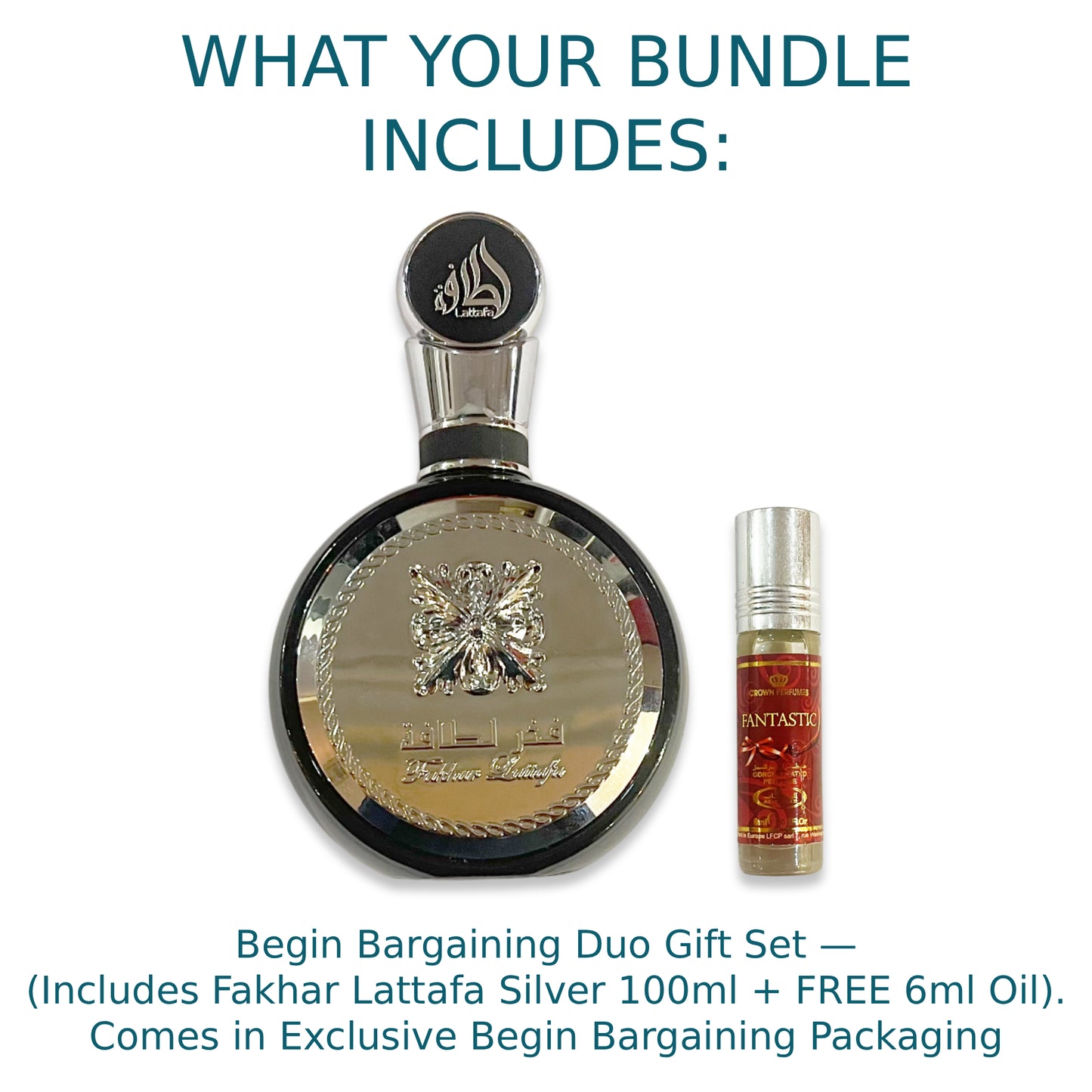 Fakhar Lattafa Silver 100 ml Eau de Parfum + FREE 6 ml Perfume Oil (Selected by Begin Bargaining)