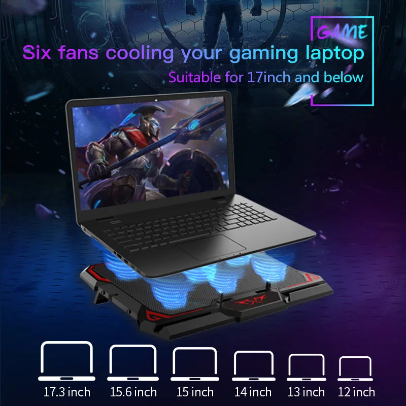 COOLCOLD 17" Six-Fan LED Gaming Laptop Cooling Pad with Dual USB Ports